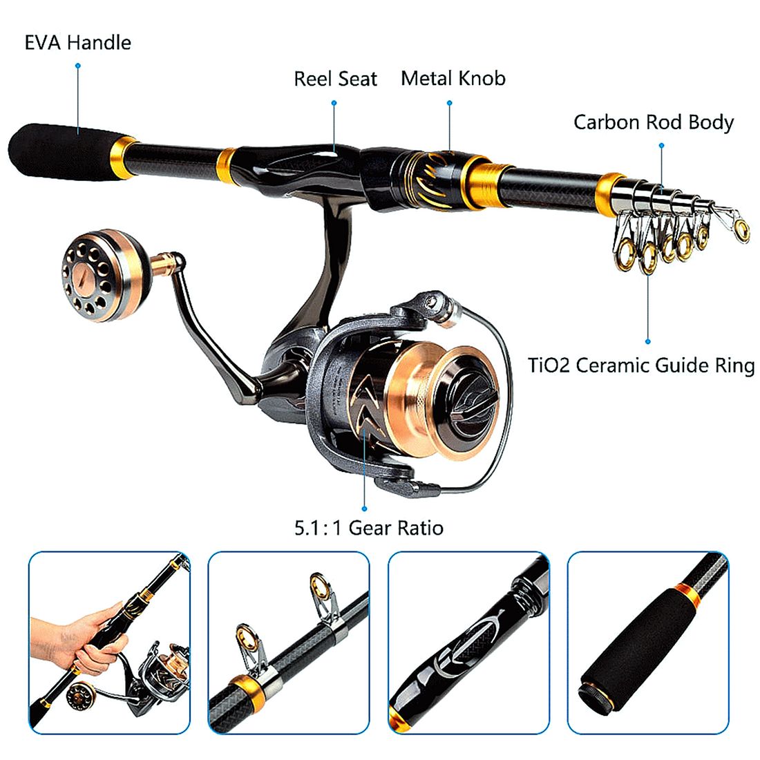 FISHINGHUB- Fishing Rod & Reel Combo 2.1m Carbon Fiber Telescopic Rod