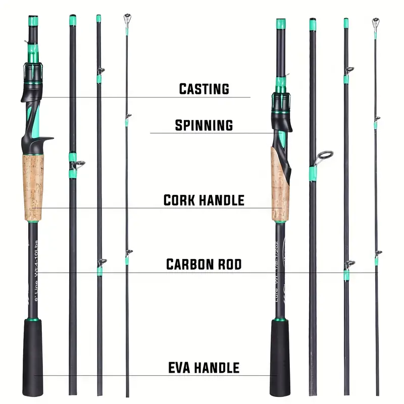 4 Sections Fishing Rod: EVA Cork Handle for Bass, Salmon, Catfish & Freshwater/Saltwater Fishing Pole