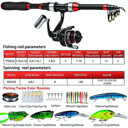 FISHINGHUB- 1.8m Telescopic Casting Fishing Combo Portable Ultralight Rod