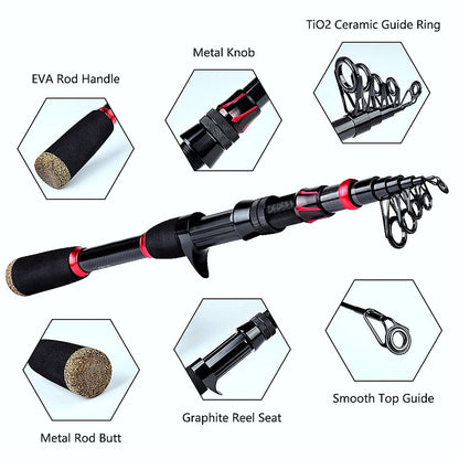 FISHINGHUB- 7.2:1 High Speed Baitcasting Reel 2.1M Carbon Fiber Telescopic Rod  Kit