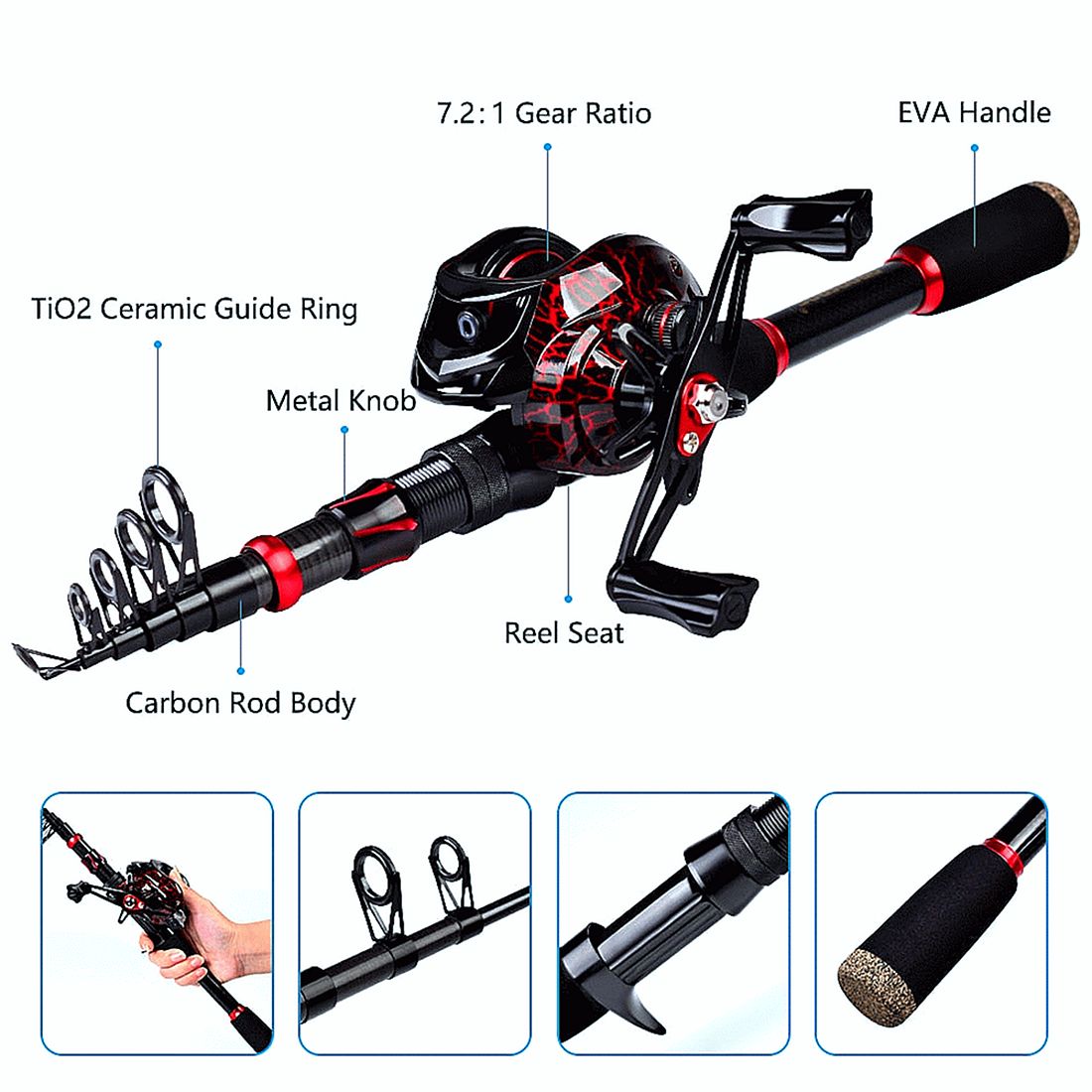 FISHINGHUB- 7.2:1 High Speed Baitcasting Reel 2.1M Carbon Fiber Telescopic Rod  Kit