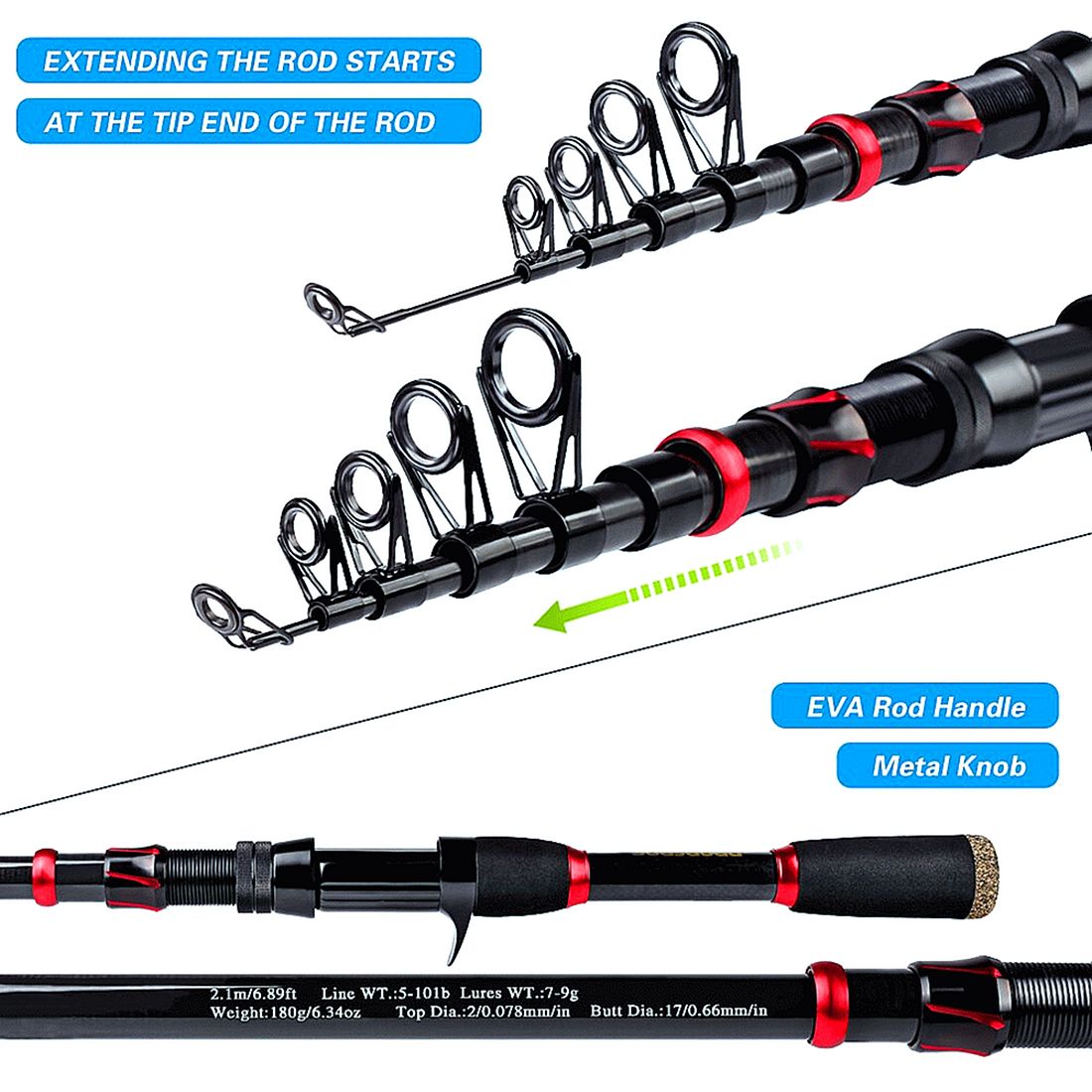 FISHINGHUB- 7.2:1 High Speed Baitcasting Reel 2.1M Carbon Fiber Telescopic Rod  Kit