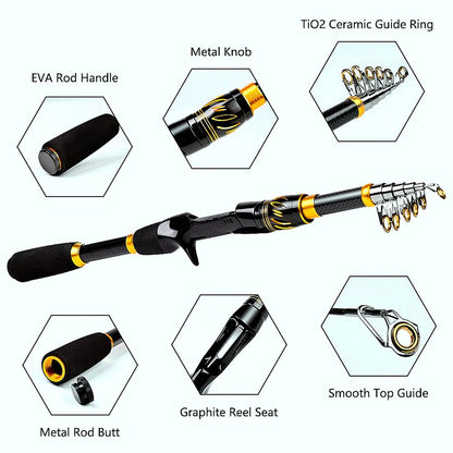 FISHINGHUB- Telescopic Rod and Reel Kit 2.1 Carbon Fiber Fishing Rod