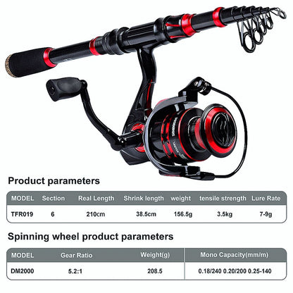 FISHINGHUB-5.2:1 Gear Ratio Spinning Reel 2.1m Carbon Fiber Fishing Rod Combo  Set