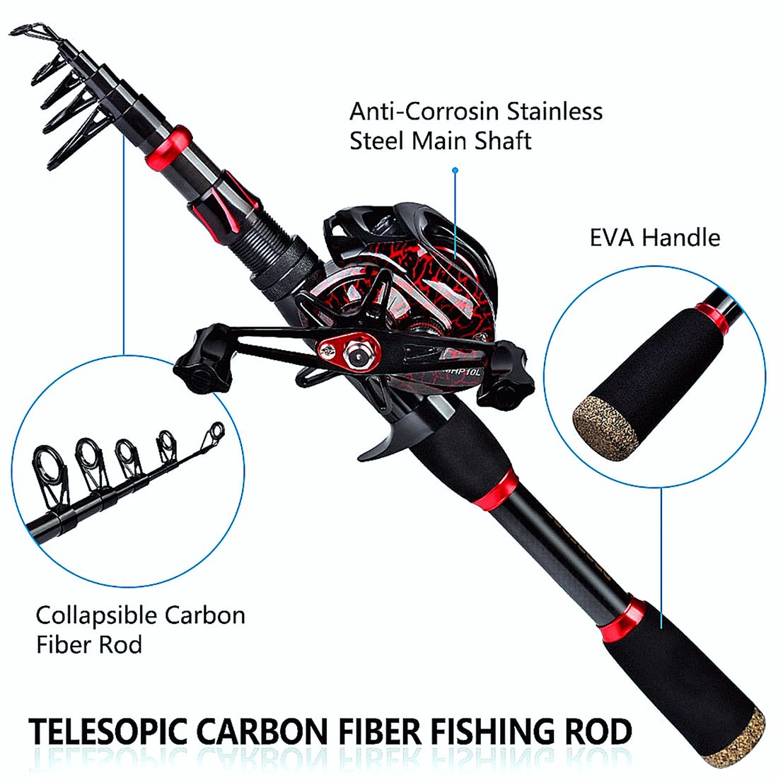 FISHINGHUB- 7.2:1 High Speed Baitcasting Reel 2.1M Carbon Fiber Telescopic Rod  Kit