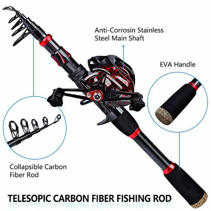 FISHINGHUB- 7.2:1 High Speed Baitcasting Reel 2.1M Carbon Fiber Telescopic Rod  Kit