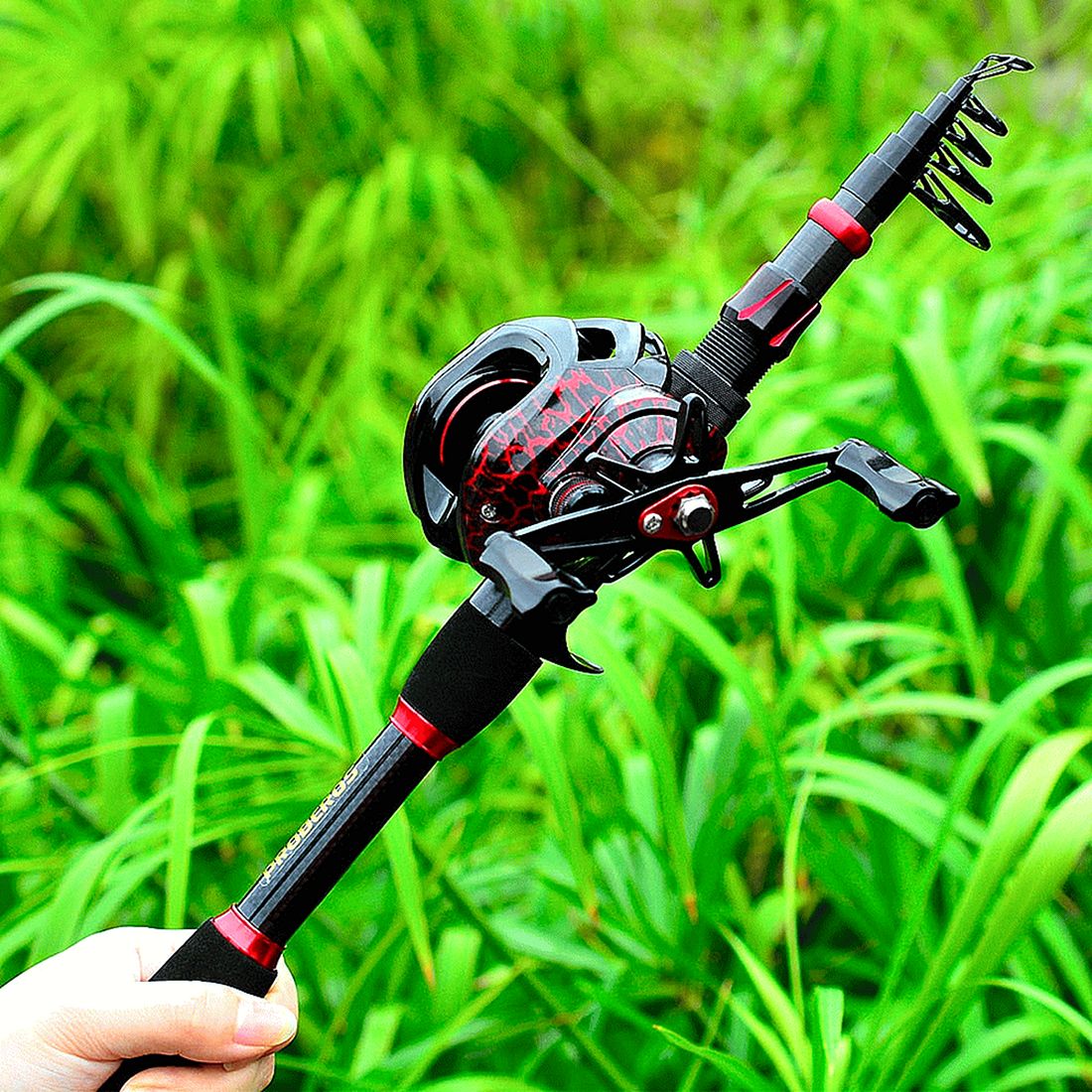 FISHINGHUB- 7.2:1 High Speed Baitcasting Reel 2.1M Carbon Fiber Telescopic Rod  Kit