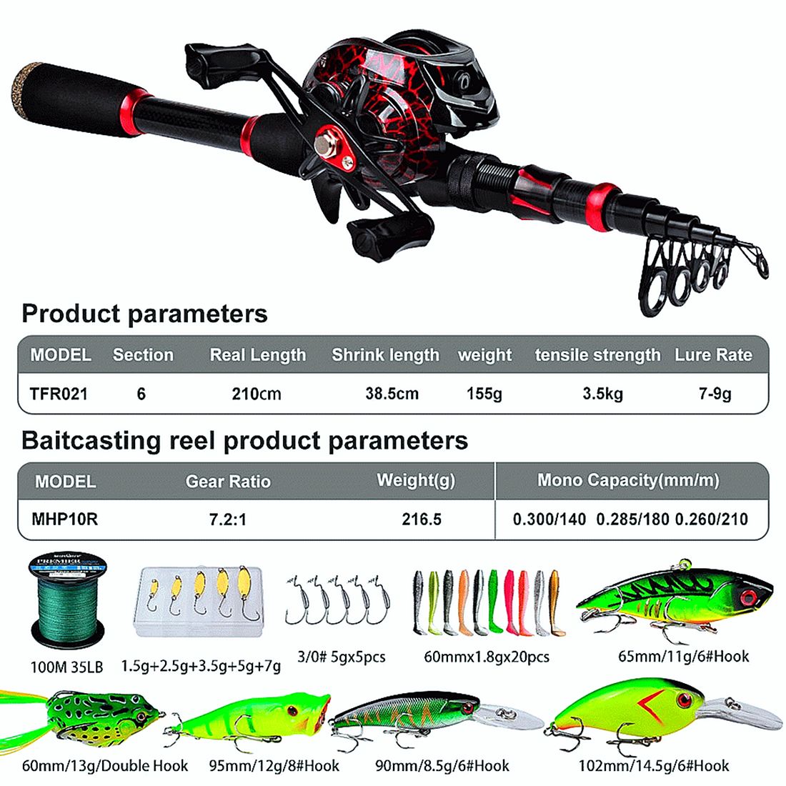 FISHINGHUB- 7.2:1 High Speed Baitcasting Reel 2.1M Carbon Fiber Telescopic Rod  Kit