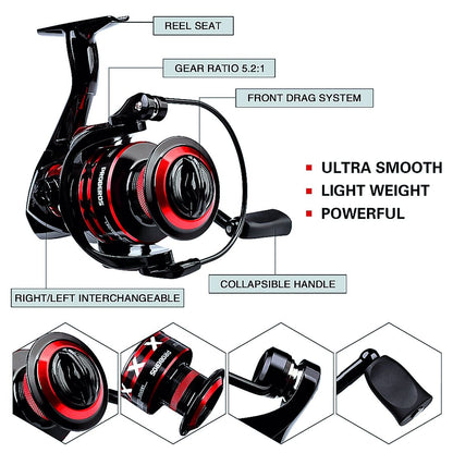 FISHINGHUB-5.2:1 Gear Ratio Spinning Reel 2.1m Carbon Fiber Fishing Rod Combo  Set