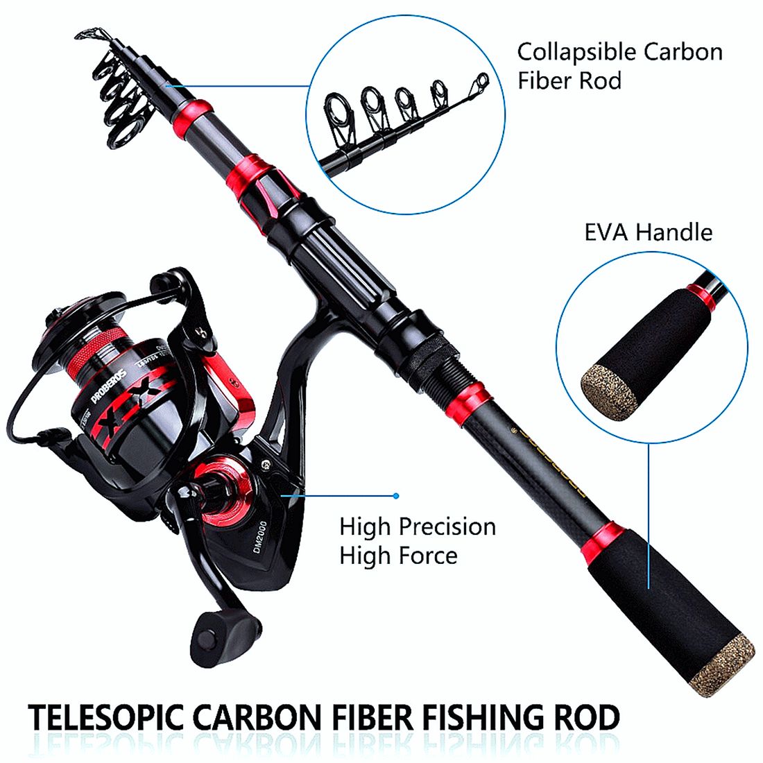 FISHINGHUB-5.2:1 Gear Ratio Spinning Reel 2.1m Carbon Fiber Fishing Rod Combo  Set