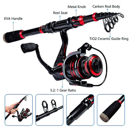 FISHINGHUB-5.2:1 Gear Ratio Spinning Reel 2.1m Carbon Fiber Fishing Rod Combo  Set