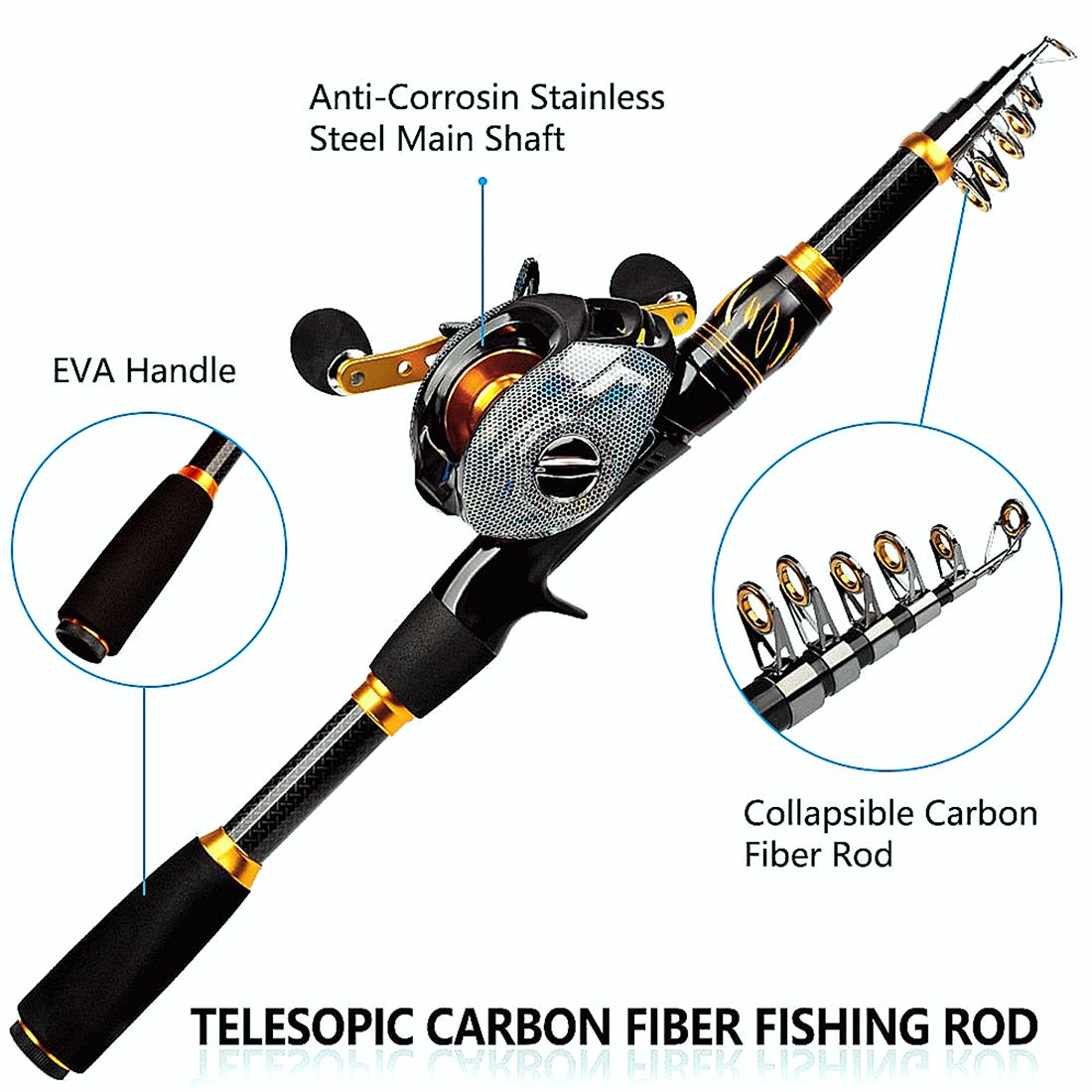 FISHINGHUB- Telescopic Rod and Reel Kit 2.1 Carbon Fiber Fishing Rod