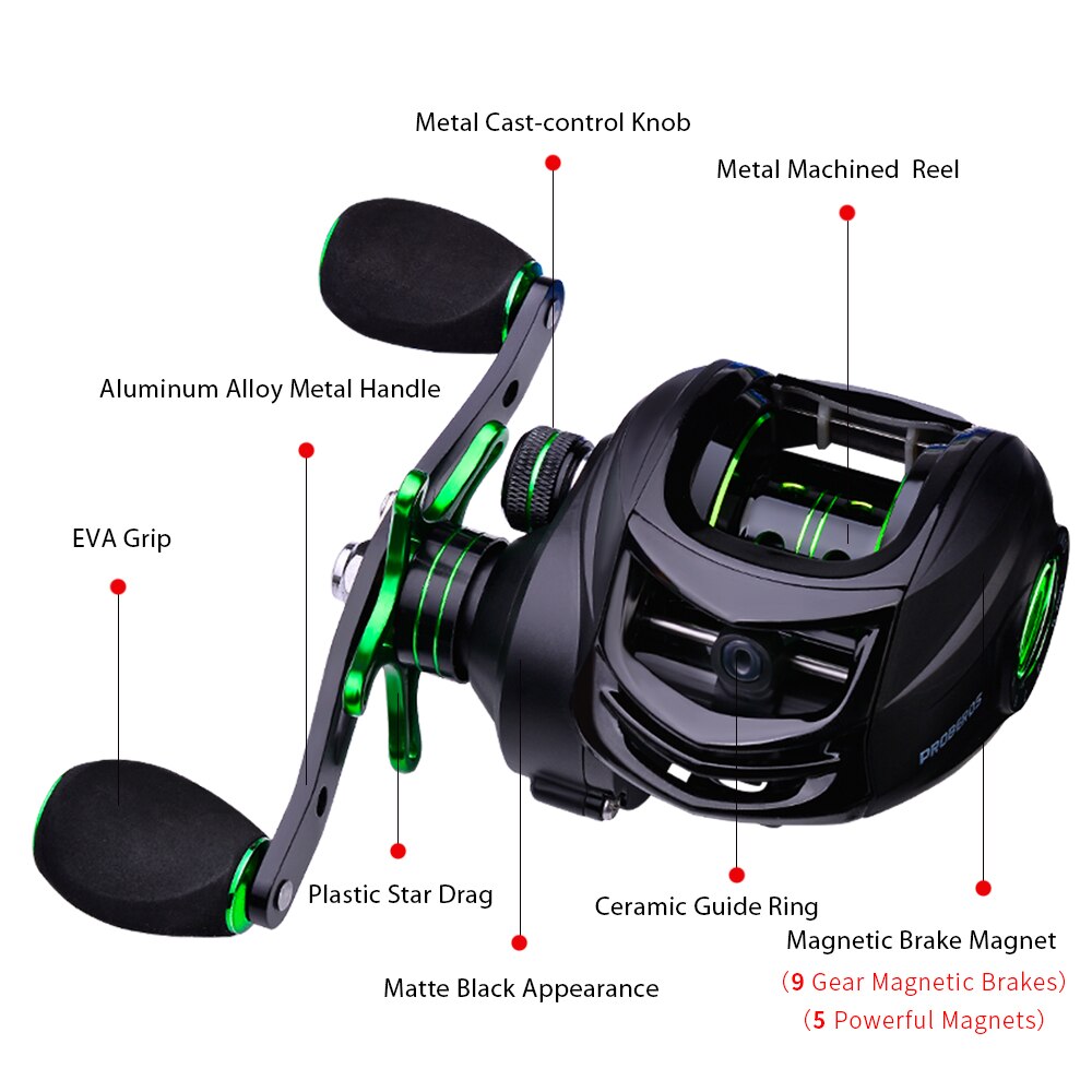 PROBEROS Baitcast Reel 7.2:1 Fishing Reel Black+Green Colors 3+1 Ball – FishingHUB